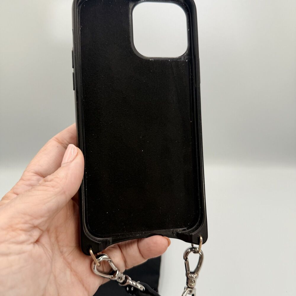 BANDOLIER Black Leather Crossbody iPhone 13/14 Pro Max Case; Rhinestone Strap - Picture 7 of 13